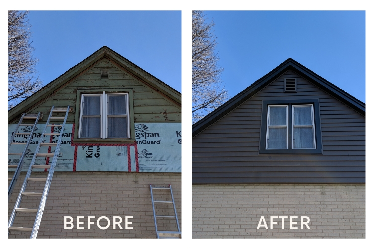 Left: Original outdated siding on a home in Guelph. Right: Modern transformation with new siding, enhancing curb appeal and style
