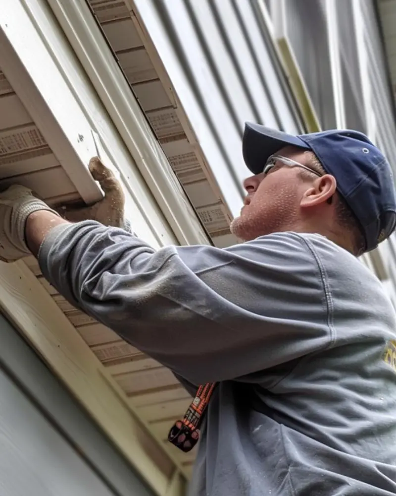 Close-up of a skilled professional carefully examining siding work, demonstrating a commitment to precision and excellence