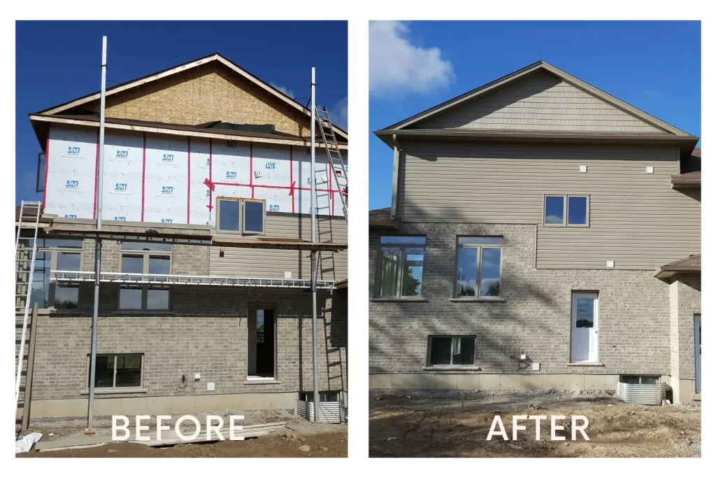 Left: Newly constructed home awaiting finishing touches. Right: Siding installation complete, adding visual appeal and protection to this Cambridge property.