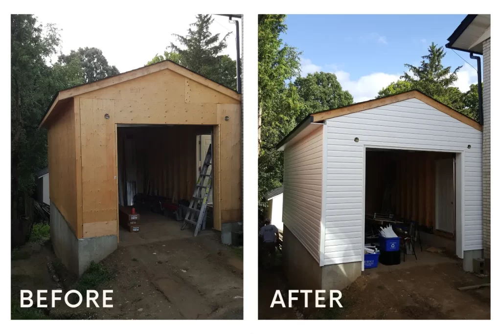 Before-and-after comparison of an unfinished shed in Kitchener to a completed shed with siding illustrates the transformative impact of quality siding installation.